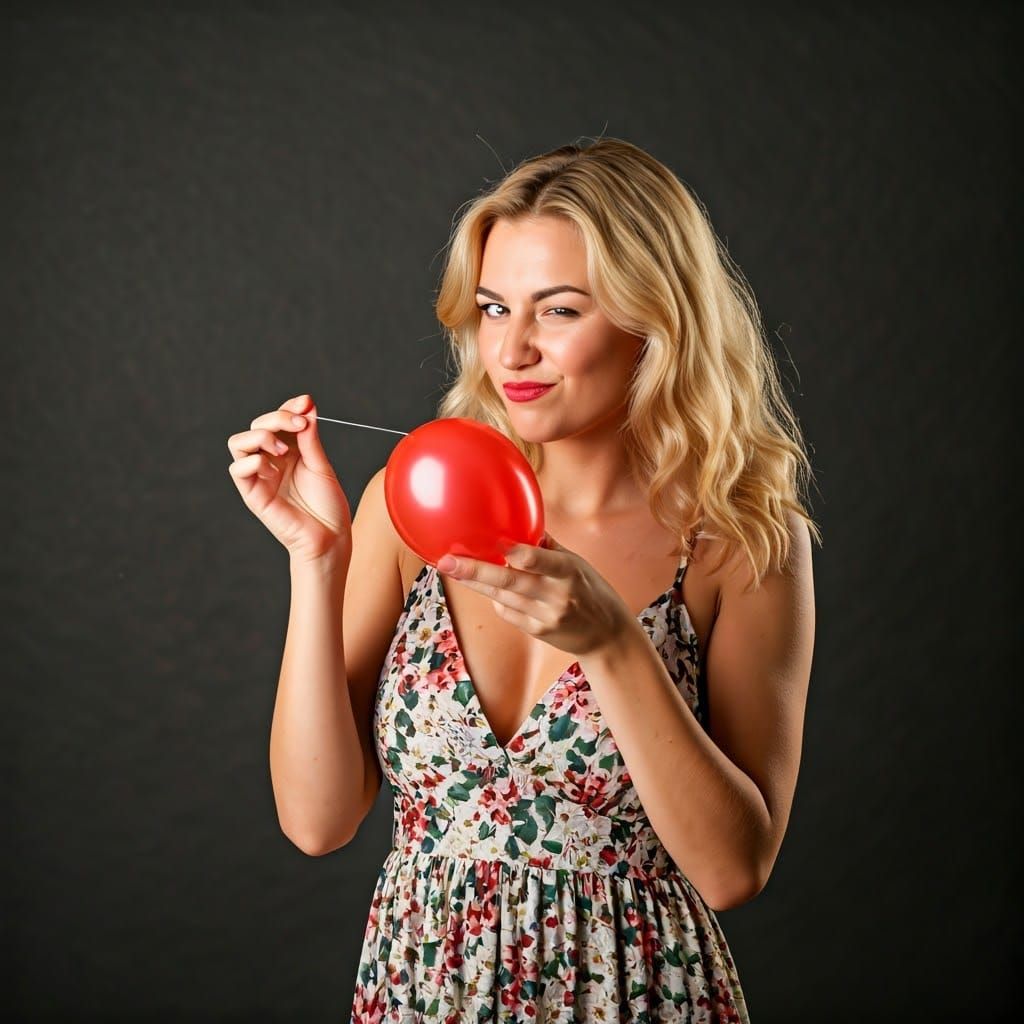 A Woman's Mischievous Moment: Popping a Red Balloon