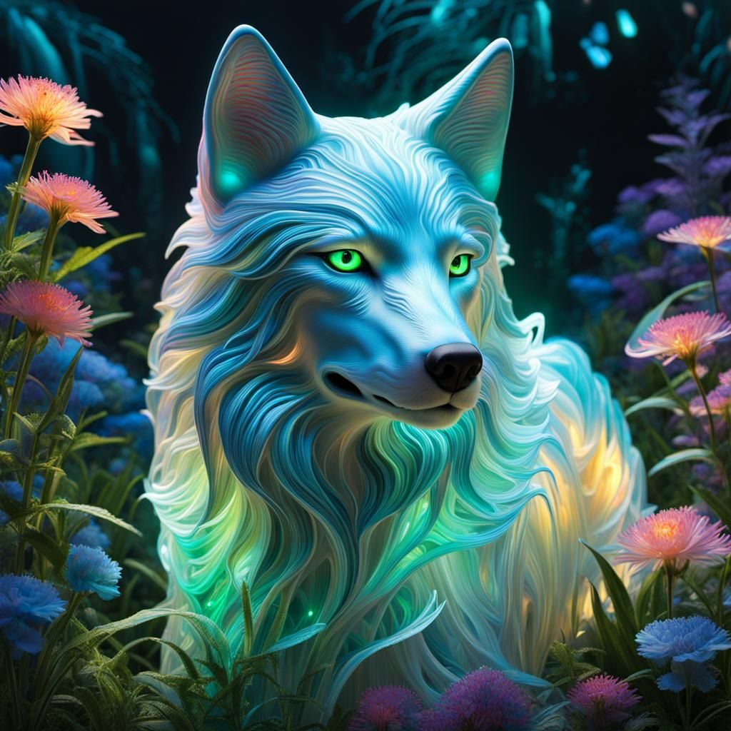 Holographic Bioluminescent Wolf in Futuristic Garden