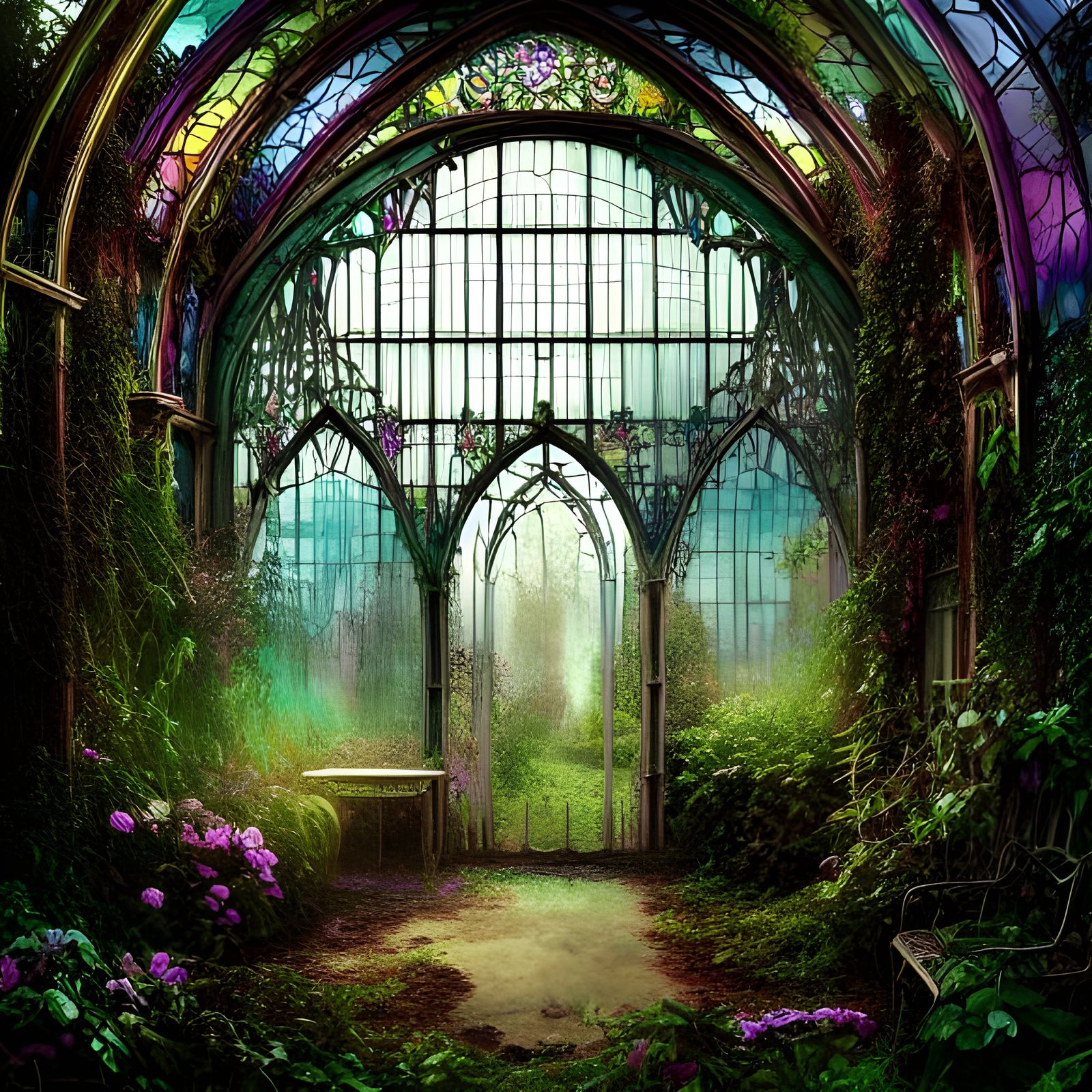 Stained Glass challenge - Gothic Victorian greenhouse reclaimed by nature