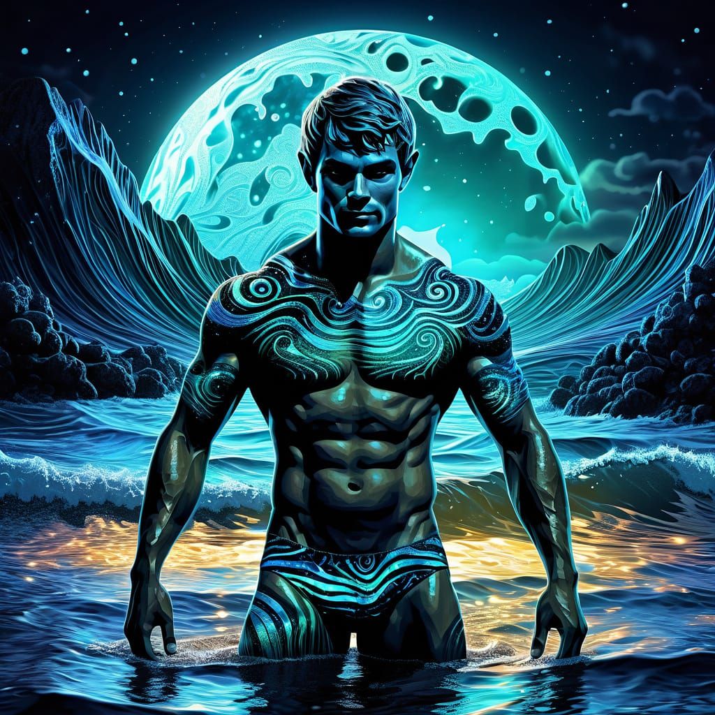 Ethereal Male Form Surfs Cosmic Waves in Midnight Splendor