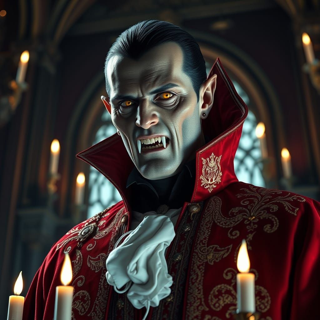 Cyborg Dracula in Gothic Castle: Hyperrealistic Close-Up