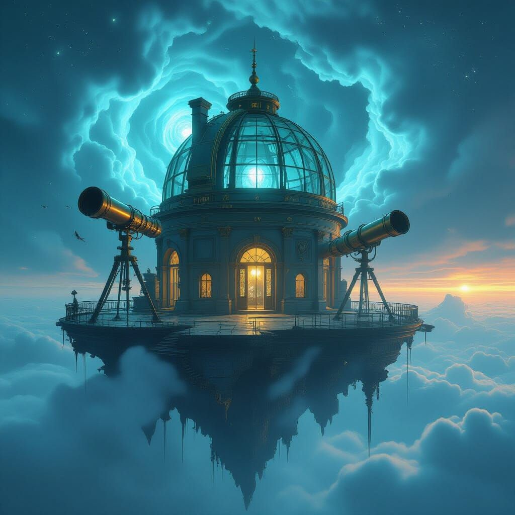 Victorian Observatory on Floating Island Under Starry Void