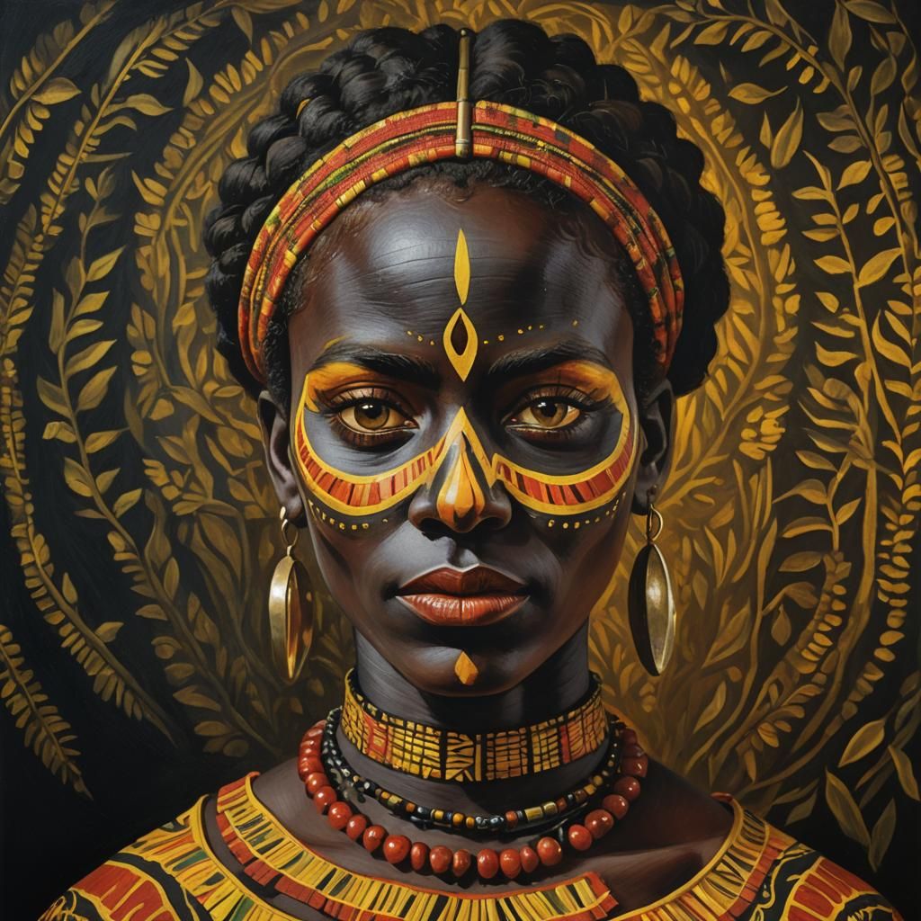 African Woman with Face Paint in Folk Art Style