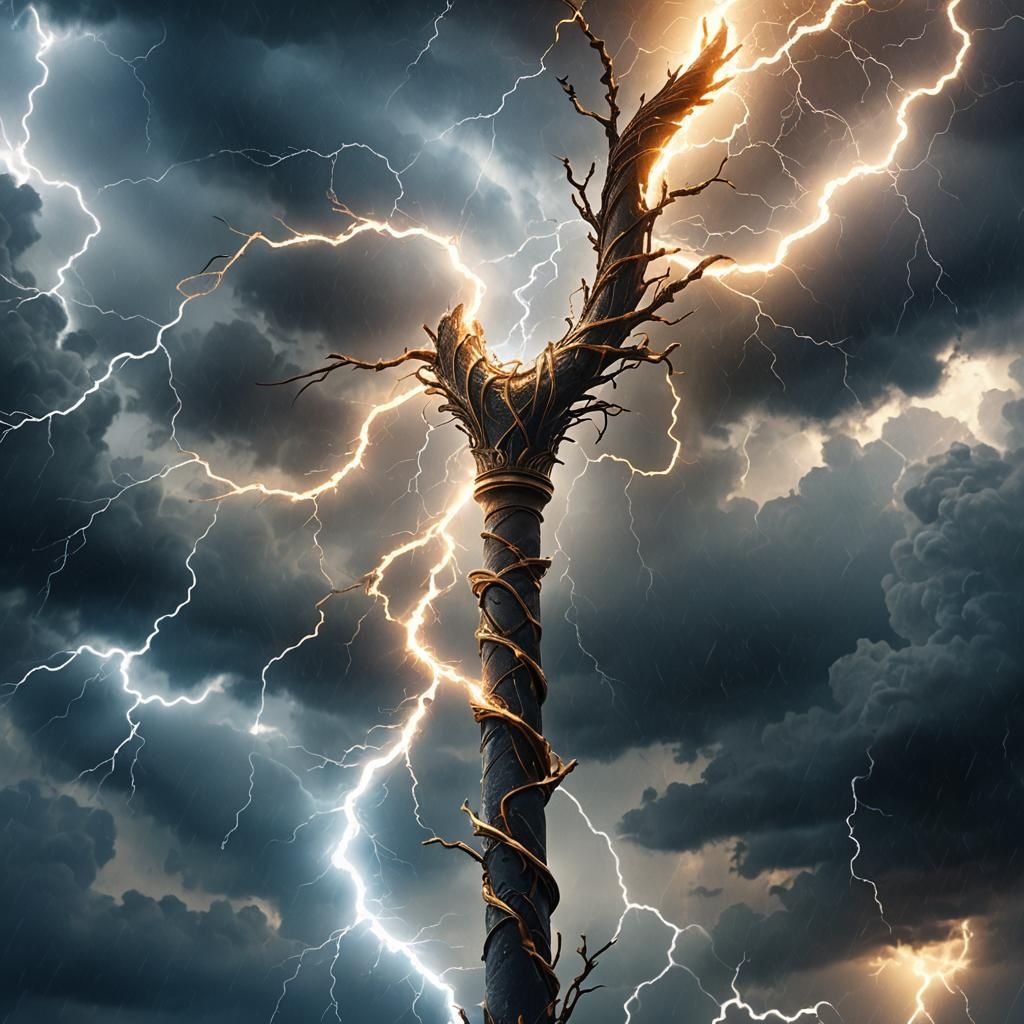 Glowing Magical Staff Amidst Stormy Clouds