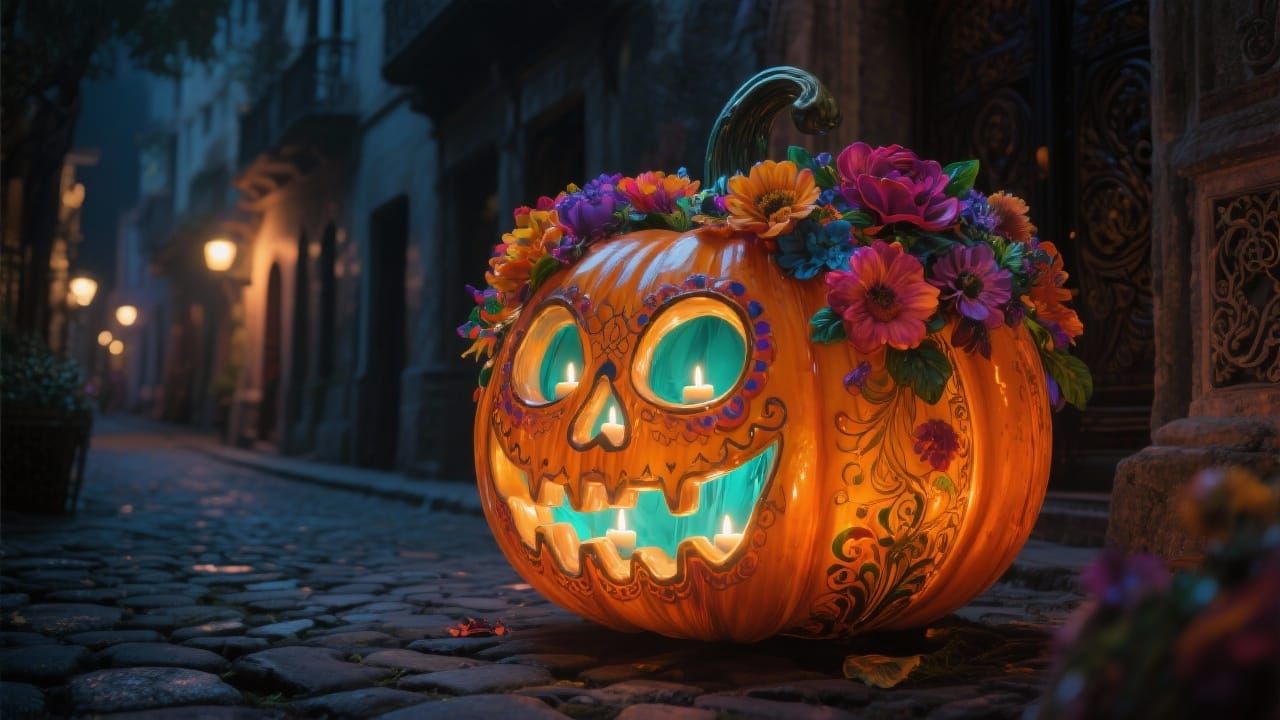 Day of the Dead Blown Glass Pumpkin With Flowers