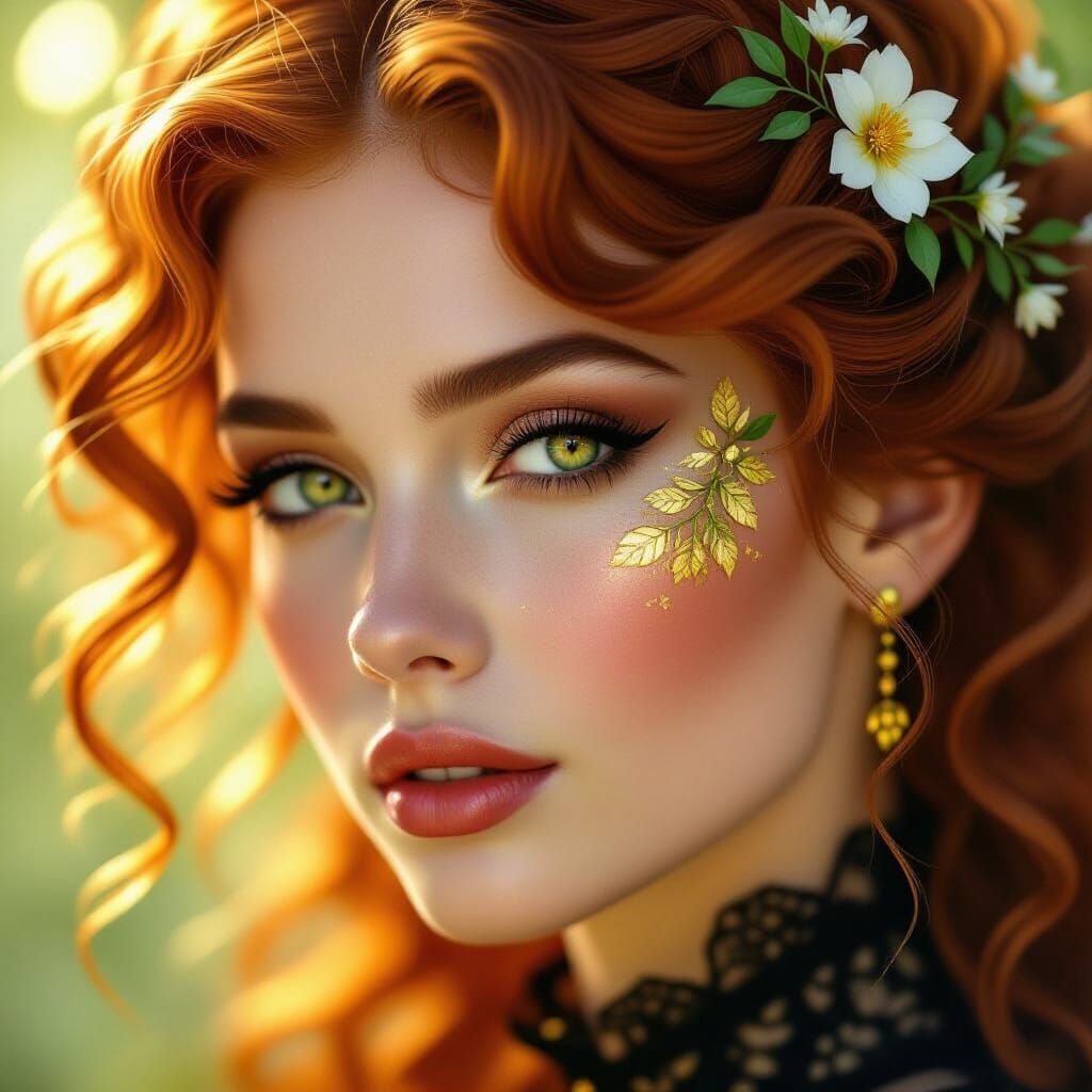 Gothic Woman with Floral Makeup and Glowing Skin