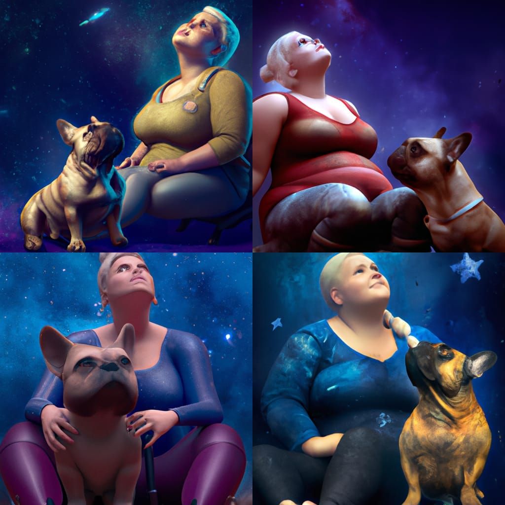 Blonde Woman Gazing at Stars with French Bulldog