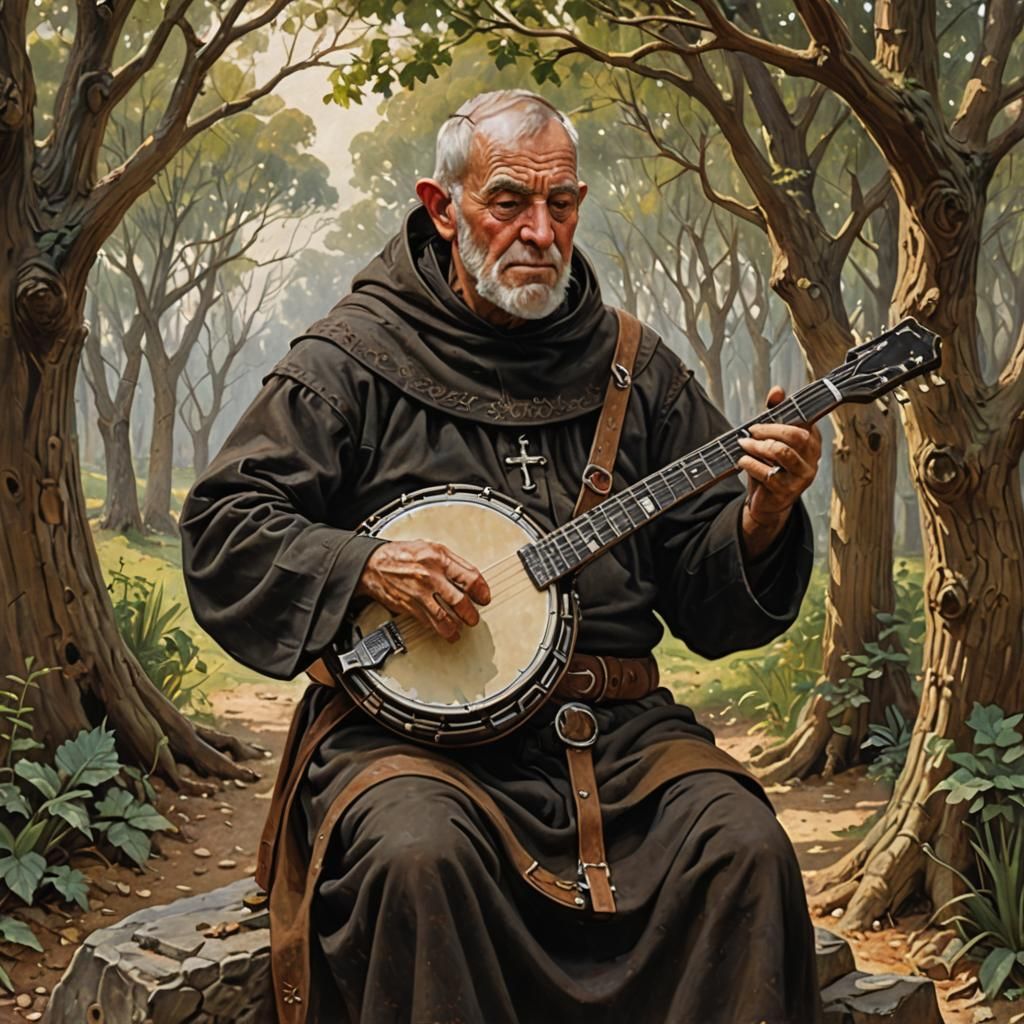 Friar Tuck Plays Banjo: Oil Painting