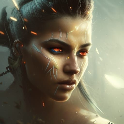 Neon Warrior Woman in Epic Battle, Digital Art