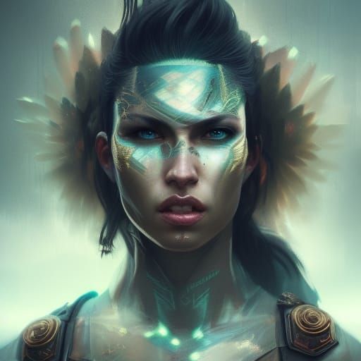 Warrior Woman in Neon Battle: Digital Matte Painting