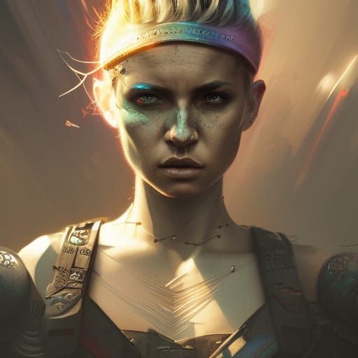 Warrior Woman in Neon Lights: A Digital Portrait