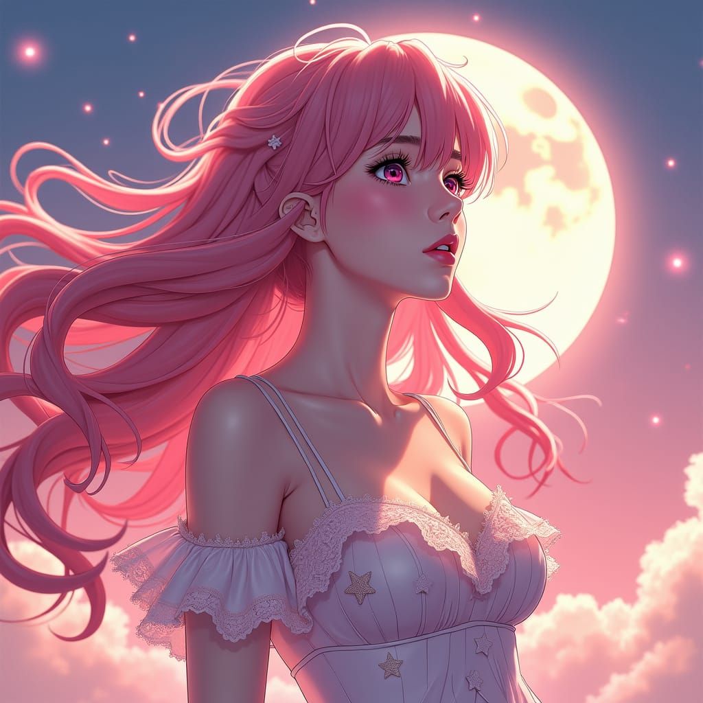 Celestial Anime Woman with Pink Hair and Moon