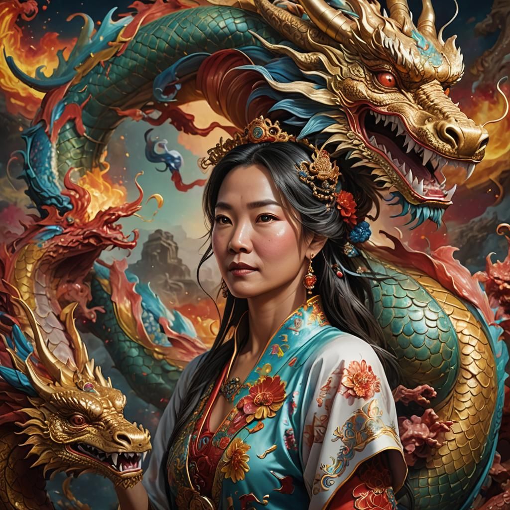 Contemplative Goddess with Chinese Dragon, Splash Art