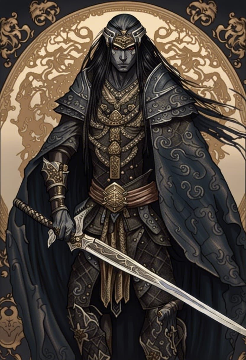 Dark-Elf Samurai Warrior in Art Deco Style