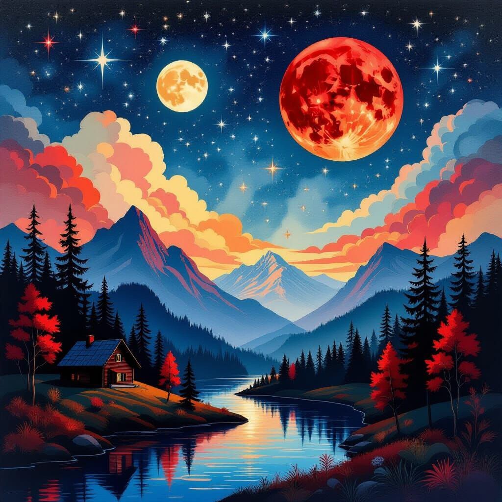 Blood Moon Over Forest with Shooting Stars