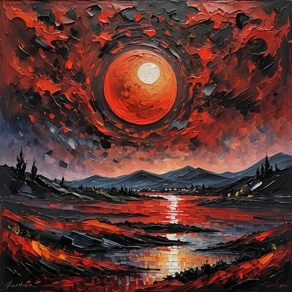 Red and Black Moon in Expressionist Oil Painting