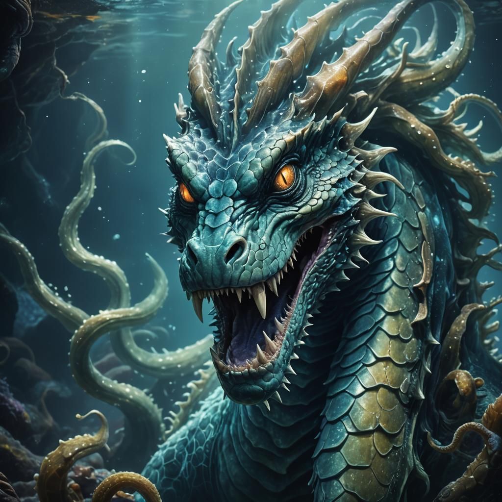 Bioluminescent Sea Serpent in Underwater Cavern