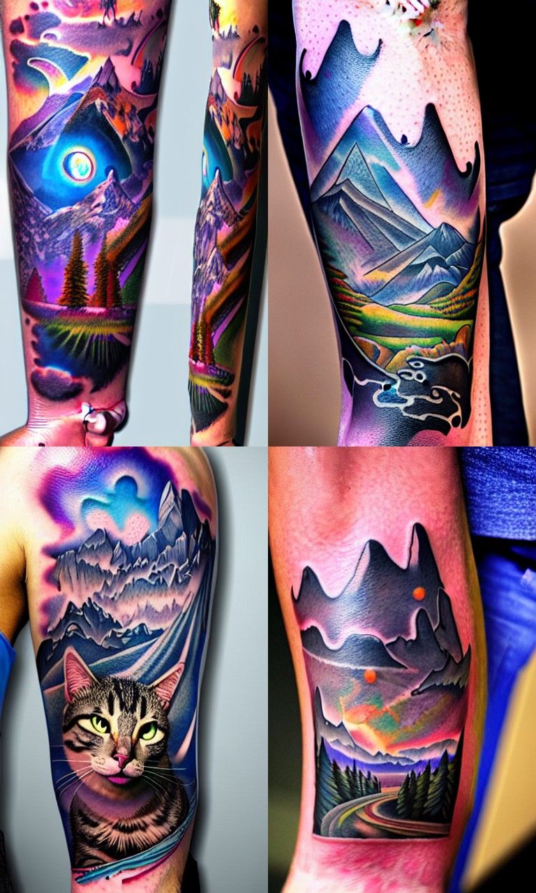 Mystical Mountains and Psychedelic Cat Tattoo Design