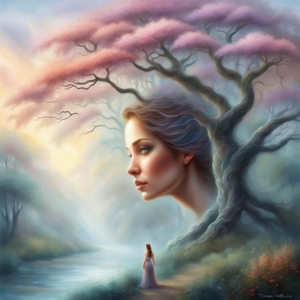 Dreamy Woman and Tree in Ethereal Digital Art
