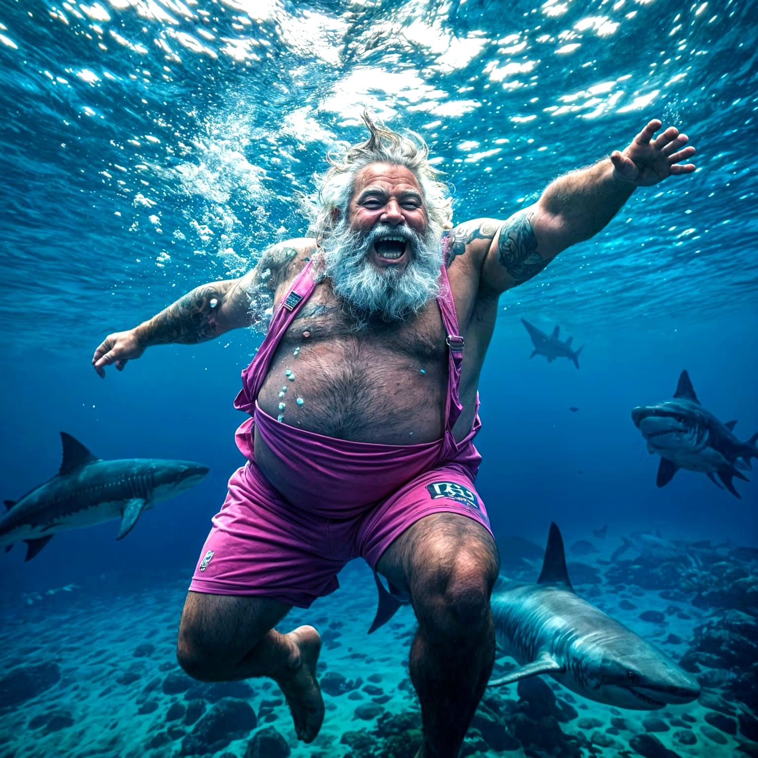 Grandfather Swims With Sharks in Pink Swimsuit