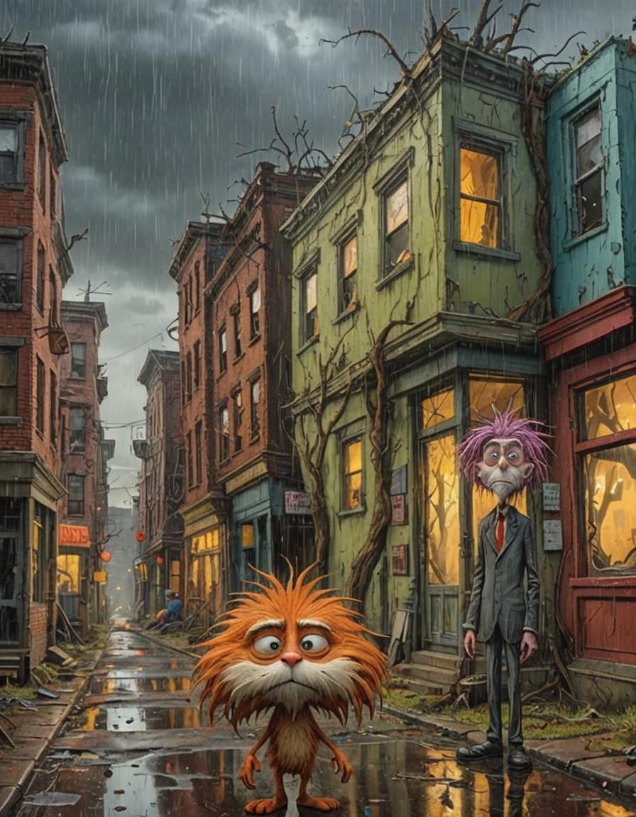 A homeless Lorax and indigent Cat without his hat in a rundown city.