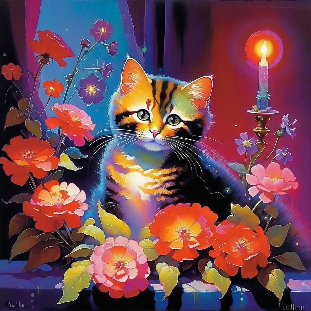 Cute Cat Surrounded by Flowers in Futuristic Style