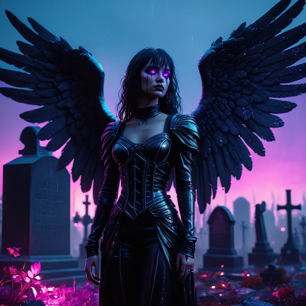Gothic Dark Angel in Cyberpunk Hyper-Realistic Style