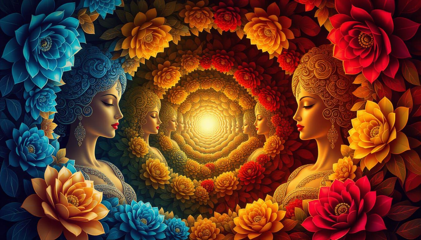 Detailed Fractal Tunnel with Ornate Figures and Flowers