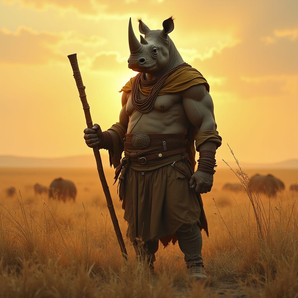 Heroic Rhino-Man on Savannah in Fantasy Art Style