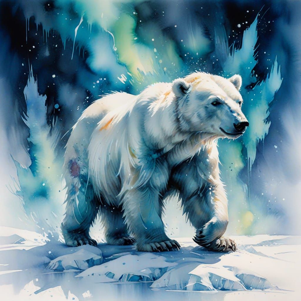 Polar Bear Under Arctic Auroras in Sumi Ink Style