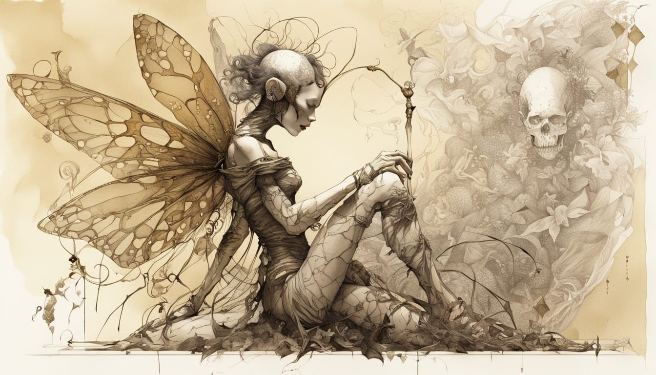 Vegetal Faery Pin-Up Hybrid in Bold Sepia and Gold