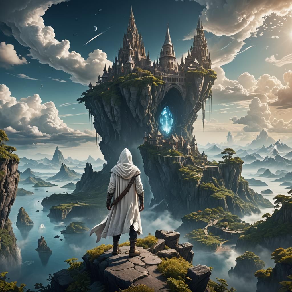 Hooded Explorer on Sky Islands: Fantasy Concept Art