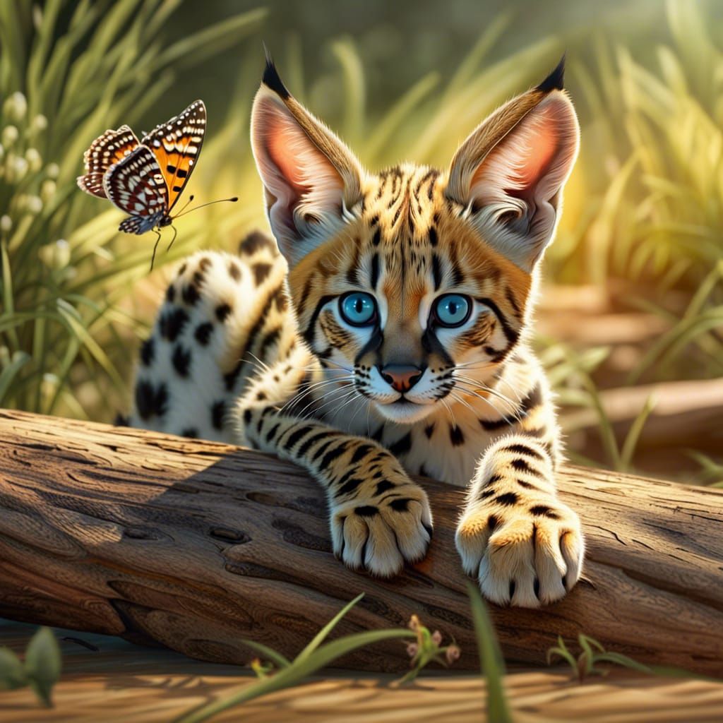 Hyperrealistic Serval Kitten in Butterfly Field