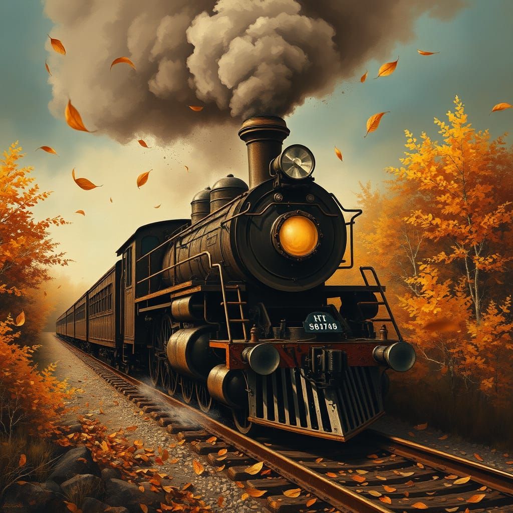 Brown Oil Painted Autumn Landscape with Ethereal Steam Train