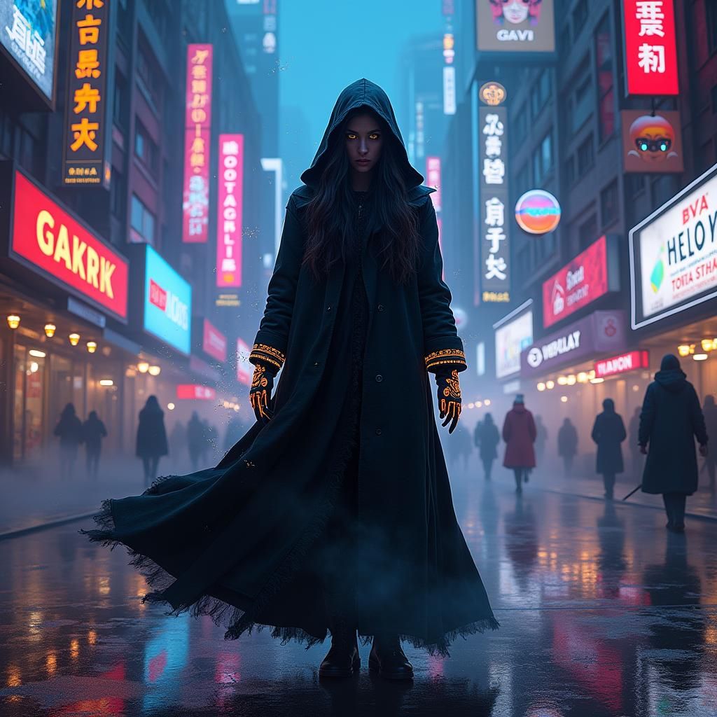 Neon Witchcraft in Cyberpunk Cityscape