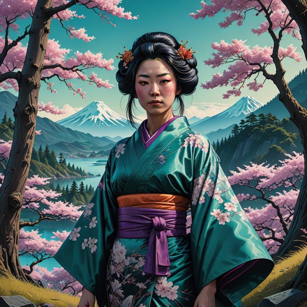 Ethereal Geisha in Shimmering Japanese Landscape with Fracta...
