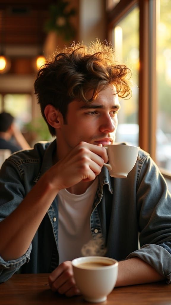 Man Enjoys Coffee in Sunlit Cozy Cafe