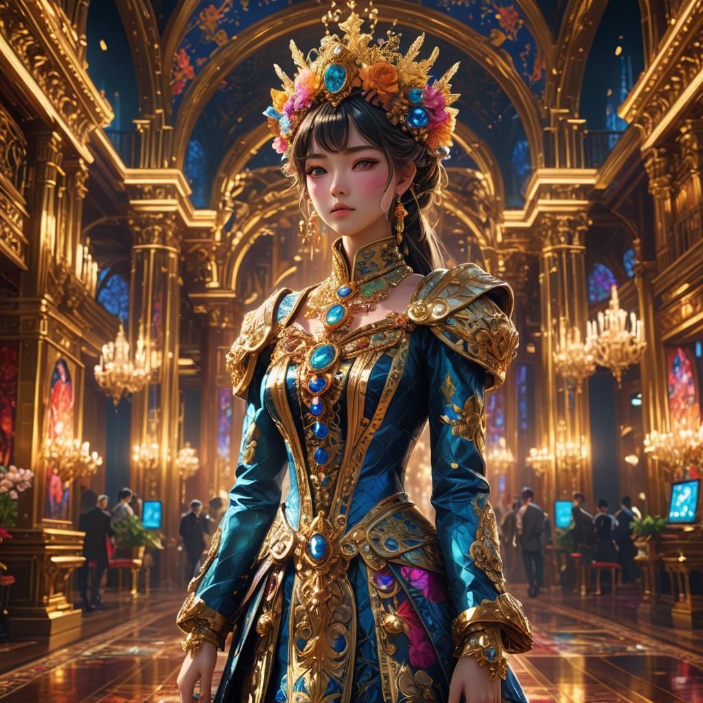 Opulent Anime Figure in Ornate Hall: 3D Concept Art