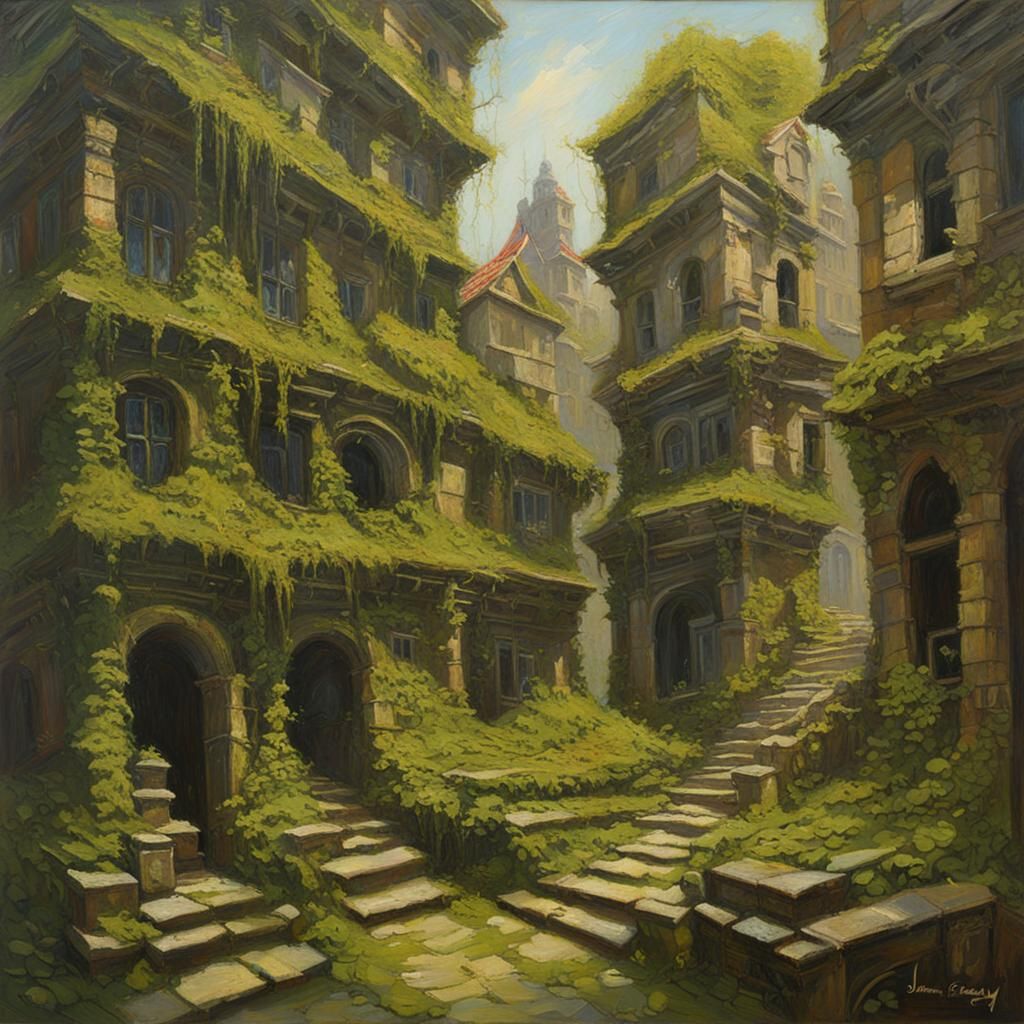 Overgrown City in Ruins: An Oil Painting