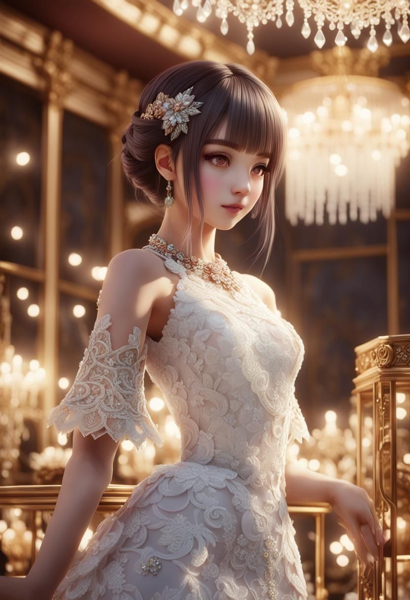 Elegant Woman in 3D Anime Portrait with Lace Details