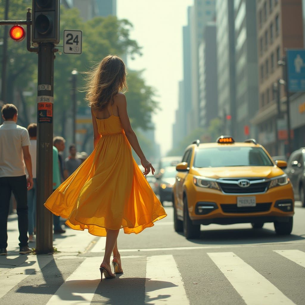 Woman Hailing Taxi on Busy Street: Digital Art