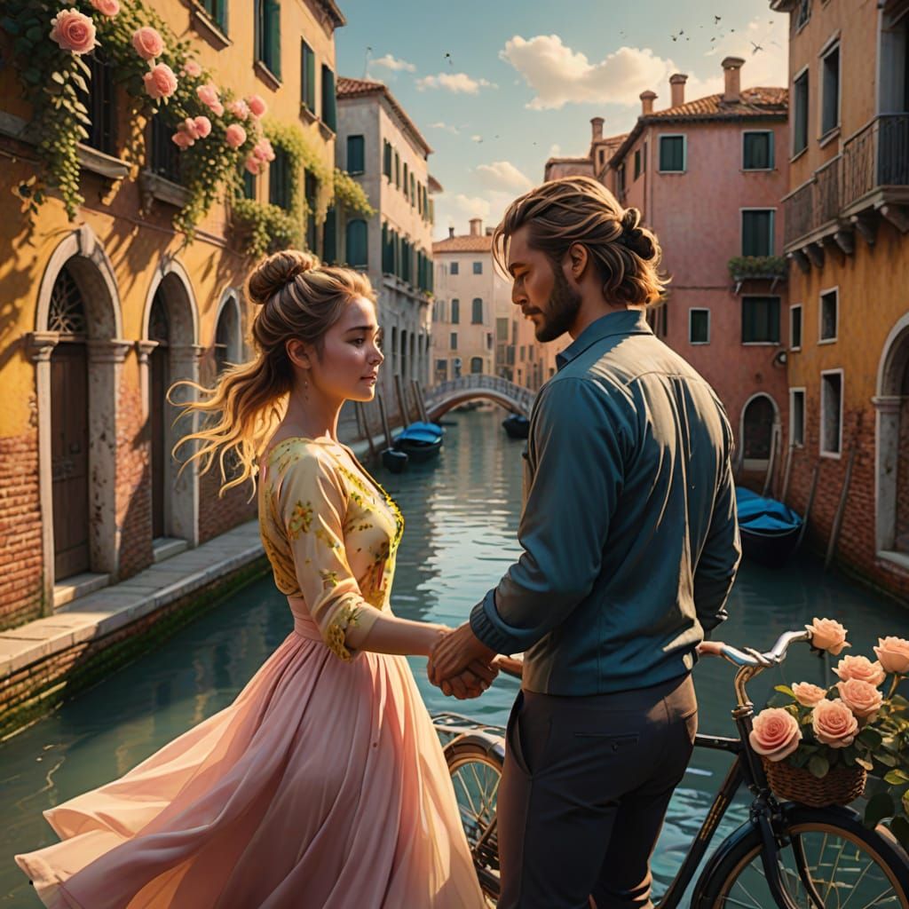 Dreamy Venice Couple, Whimsical Watercolor-Inspired, Hyper-R...