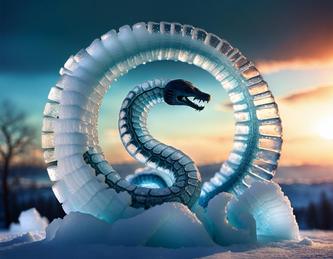 Enigmatic Ouroboros Ice Sculpture in Digital Art