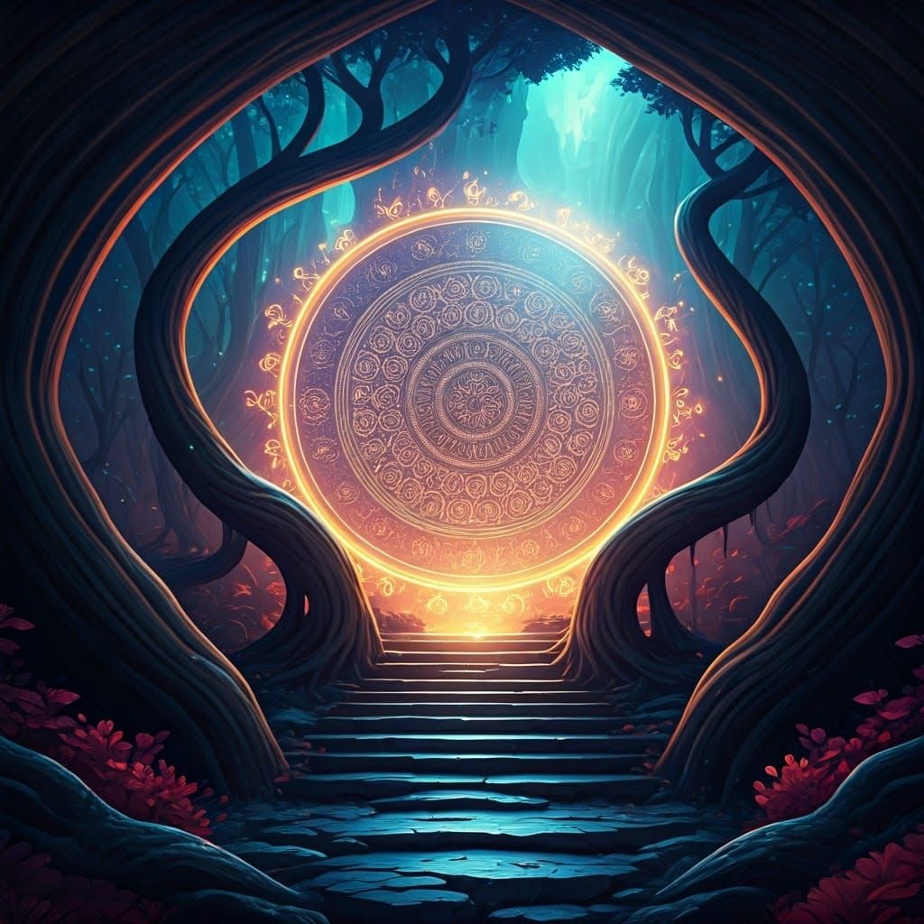 Enchanted Mathematical Gateway in Vibrant Iridescent Forest