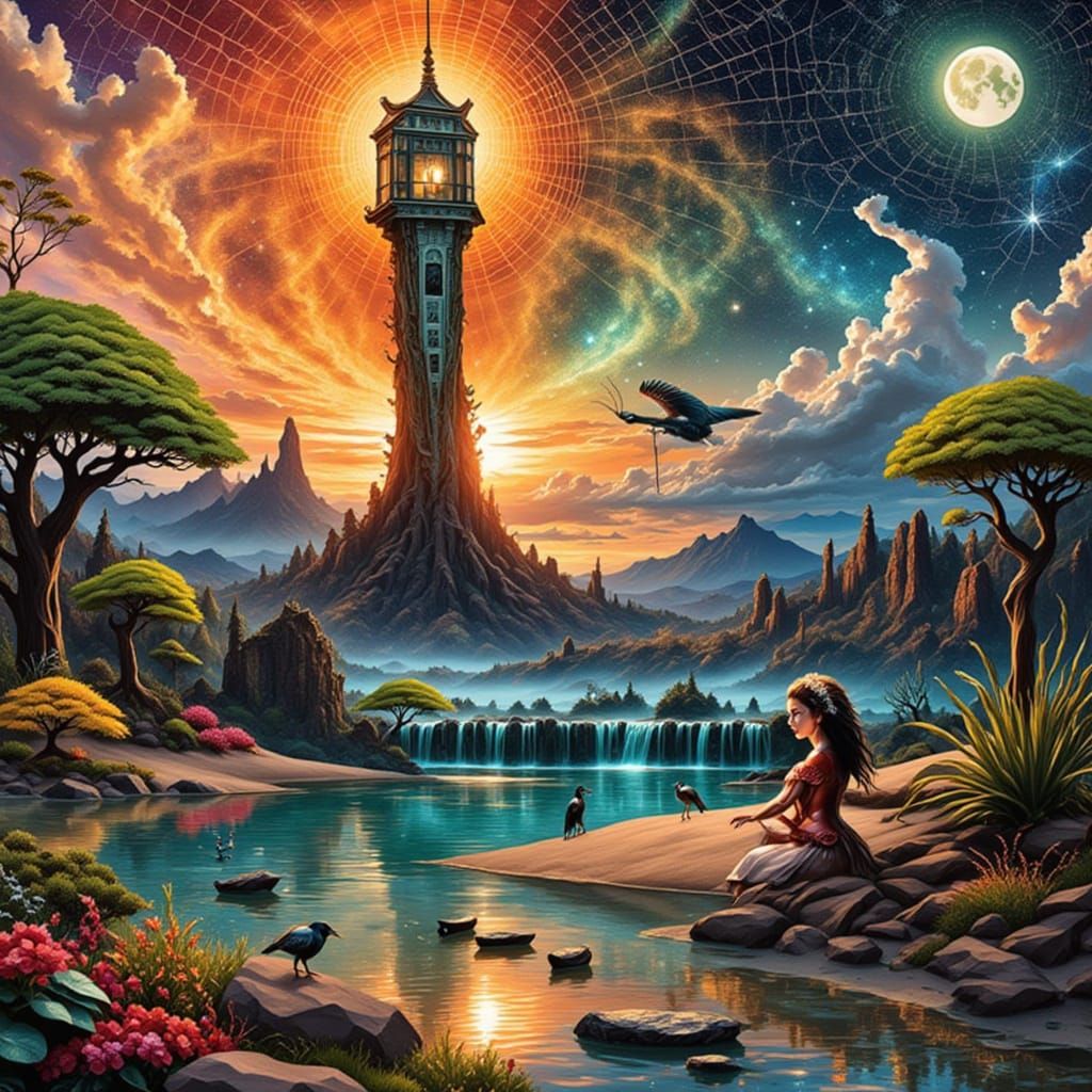 Surreal Paper Landscape with Heron and Divine Hand