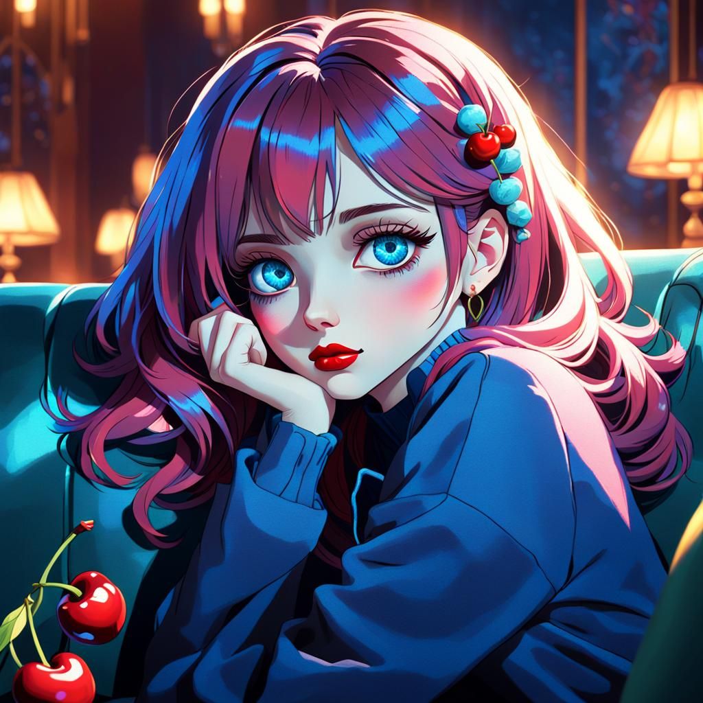 Anime Girl with Blue Eyes Resting on Sofa