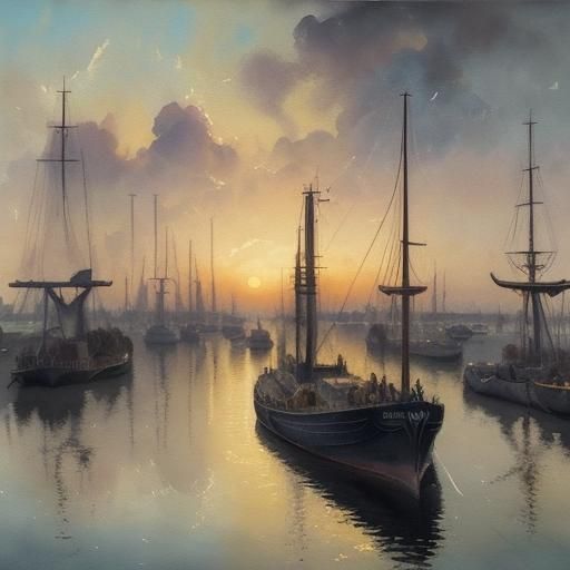 Sunset Over Busy Harbor in Gouache Style