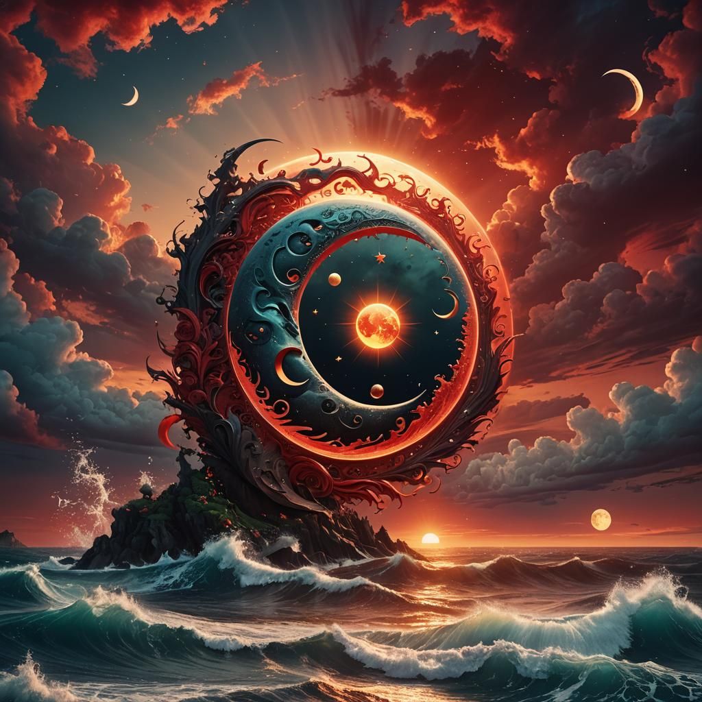 Surreal Yin Yang Sun Moon Crimson Sunset