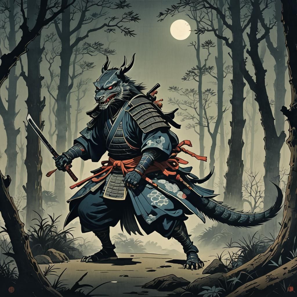 Eerie Chupacabra Samurai in Ukiyo-e Style