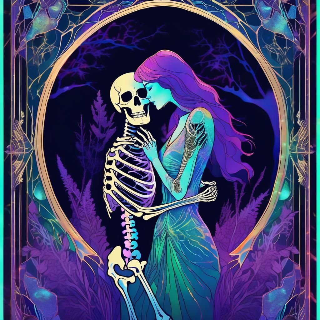 Mystical Woman Hugs a Skeleton in an Iridescent Holographic....